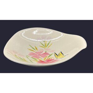 Vintage Red Wing Abstract Pink Spice Floral Butterfly Lug Handle Serving Bowl